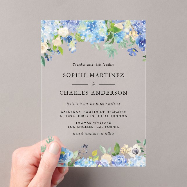 Watercolor Blue Hydrangea Botanical Wedding  Acrylic Invitations (Insitu (Handheld))