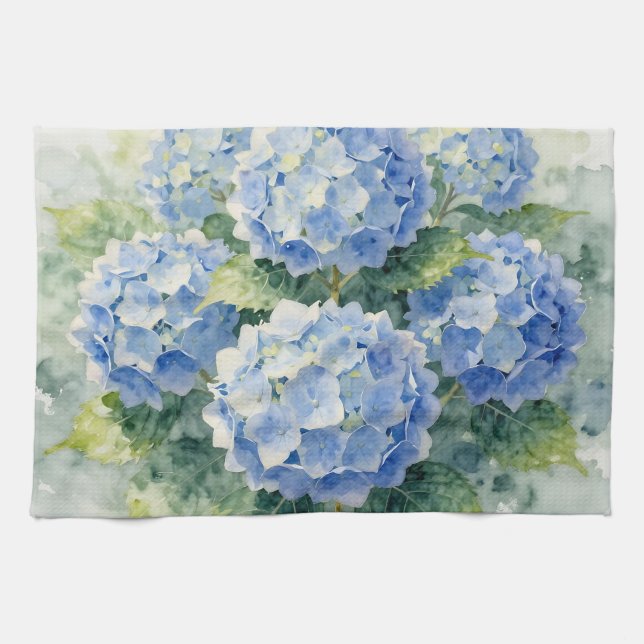 Watercolor Blue Hydrangea Bouquet Kitchen Towel (Horizontal)