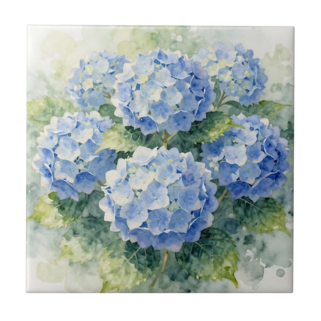 Watercolor Blue Hydrangea Bouquet Tile (Front)
