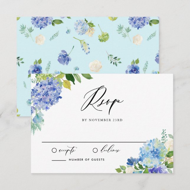 Watercolor Blue Hydrangea Bouquet Wedding RSVP Card (Front/Back)