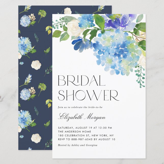 Watercolor Blue Hydrangea Bridal Shower Invitation (Front/Back)