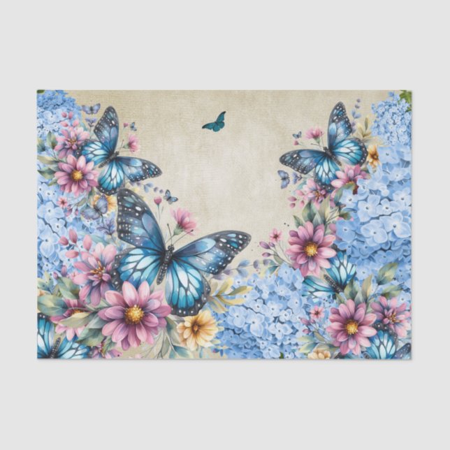 Watercolor Blue Hydrangea & Butterflies Tissue Paper (Front)