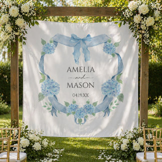 Watercolor Blue Hydrangea Crest Wedding Tapestry