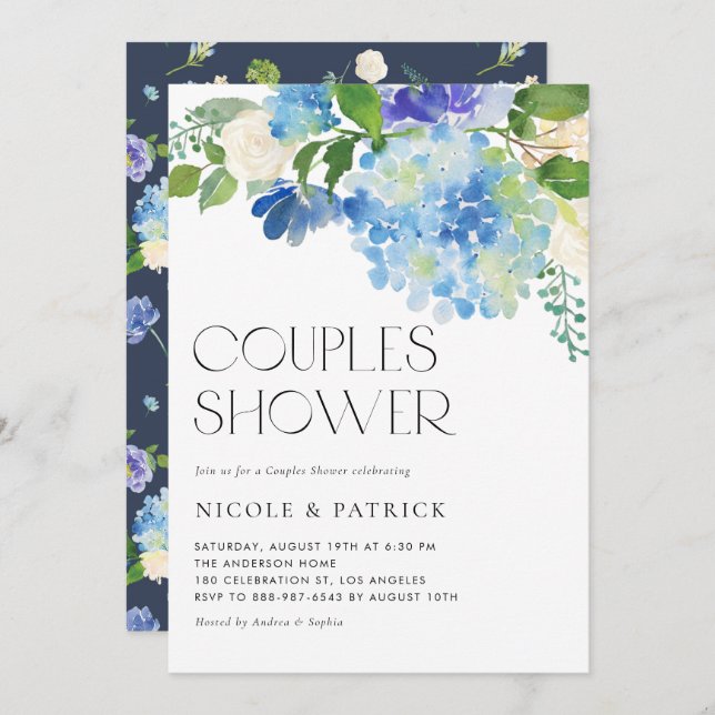 Watercolor Blue Hydrangea Floral Couples Shower Invitation (Front/Back)
