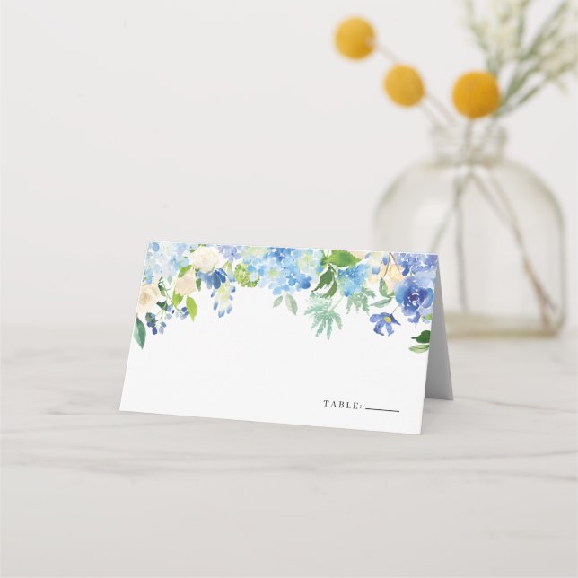 Watercolor Blue Hydrangea Floral Garland Wedding Place Card (Front)