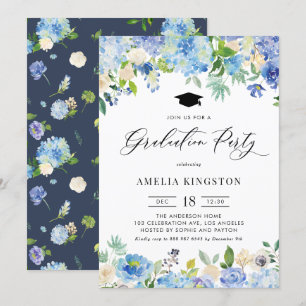 Watercolor Blue Hydrangea Floral Graduation Invitation