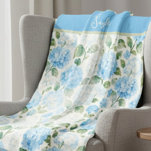Watercolor Blue Hydrangea Floral Name Fleece Blanket