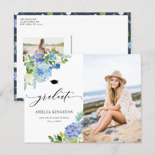 Watercolor Blue Hydrangea Floral Photo Graduation Announcement Postcard