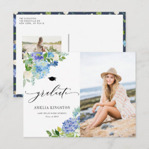 Watercolor Blue Hydrangea Floral Photo Graduation Announcement Postcard