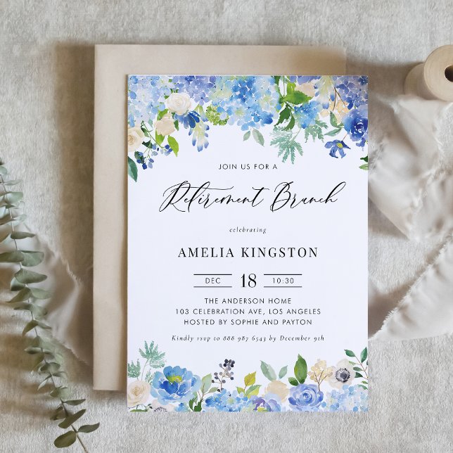 Watercolor Blue Hydrangea Floral Retirement Brunch Invitation (Creator Uploaded)