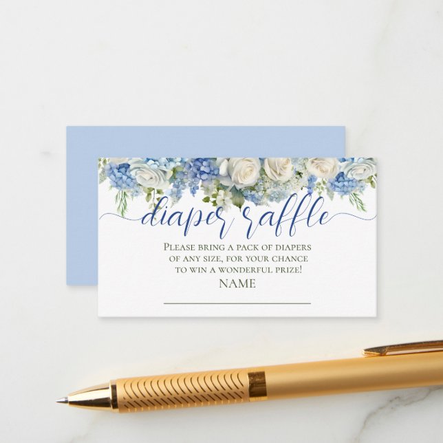 Watercolor Blue Hydrangea Flowers Diaper Raffle Enclosure Card (Front/Back In Situ)