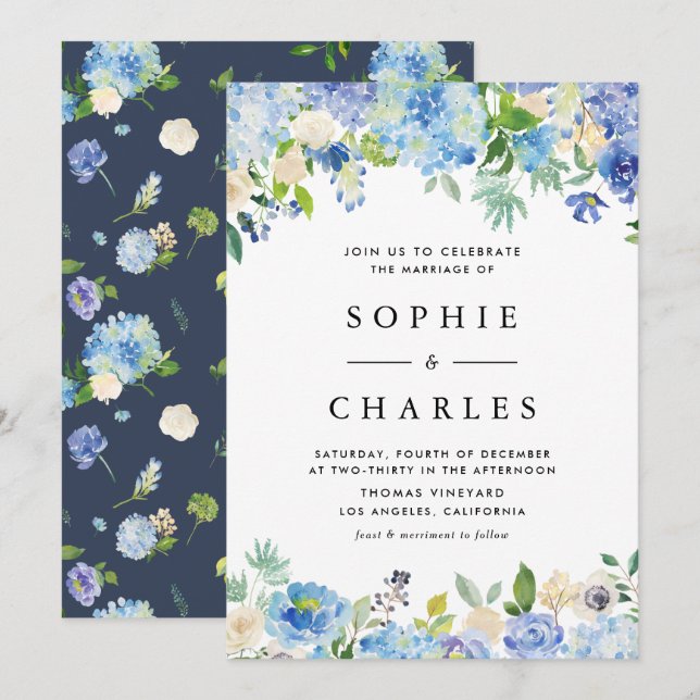 Watercolor Blue Hydrangea Flowers Wedding Invitation (Front/Back)