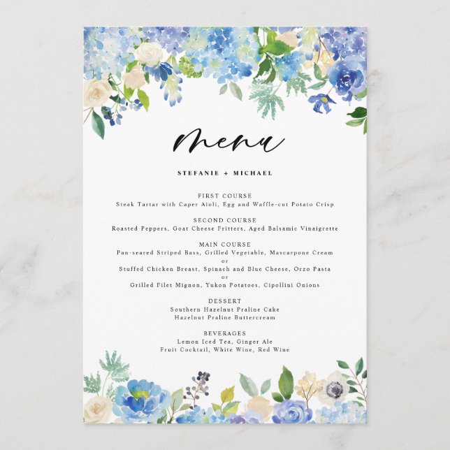 Watercolor Blue Hydrangea Menu Mariage (Devant)