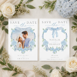 Watercolor Blue Hydrangea Photo Save the Date Invitation