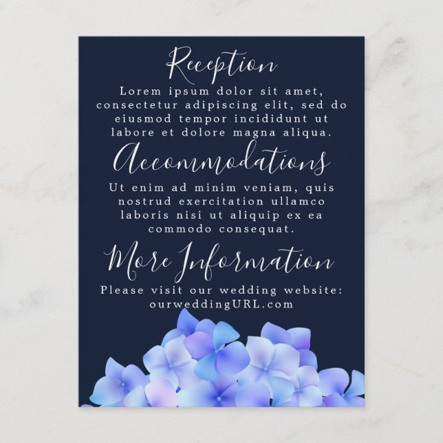Watercolor Blue Hydrangea Reception Cards (Front)