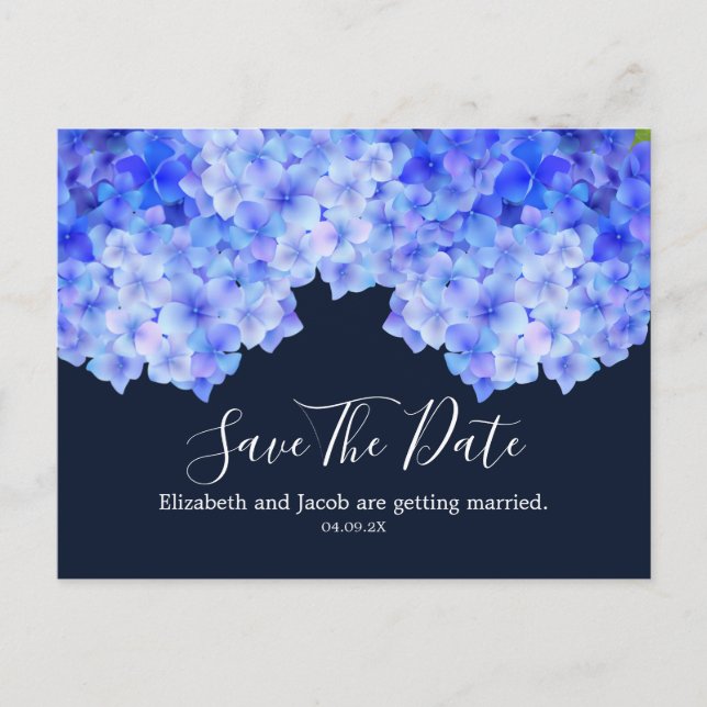 Watercolor Blue Hydrangea Save the Date Postcard (Front)