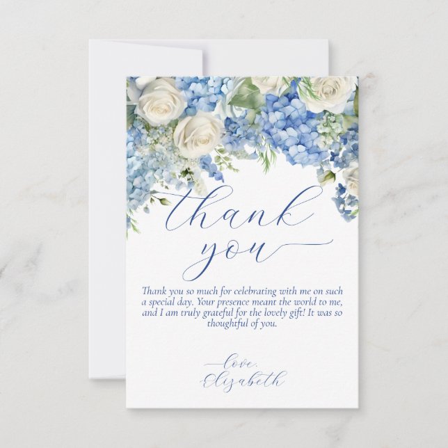 Watercolor Blue Hydrangea Script Thank You Card (Front)