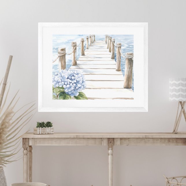 Watercolor Blue Hydrangea Seaside Dock Coastal Poster (Creator Uploaded)