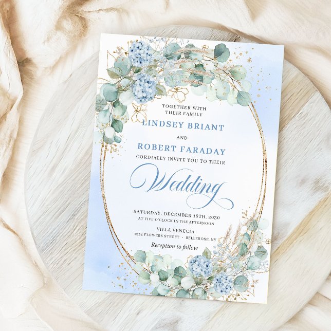 Watercolor Blue Hydrangea Wheat Wedding Invitation (Watercolor Blue Hydrangea Wheat Wedding Invitation)