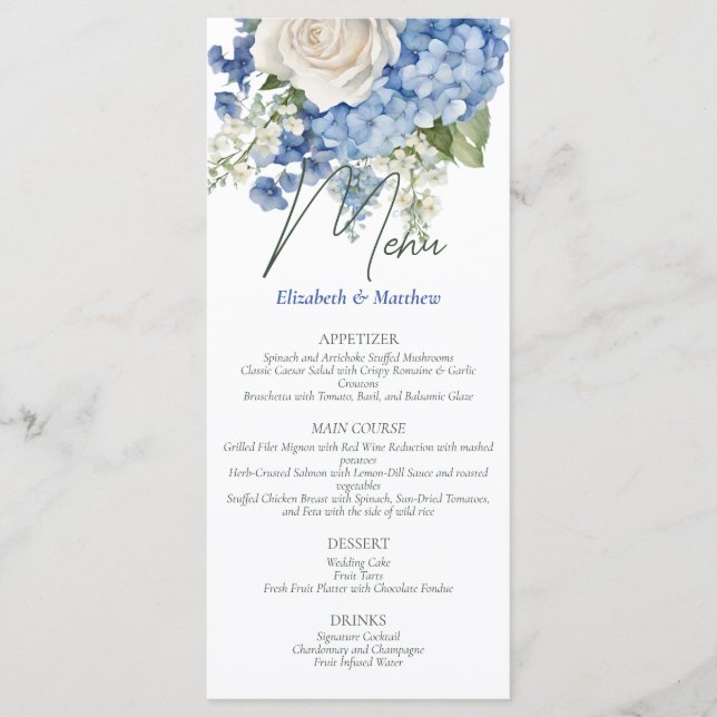 Watercolor Blue Hydrangea White Roses Wedding Menu (Front)