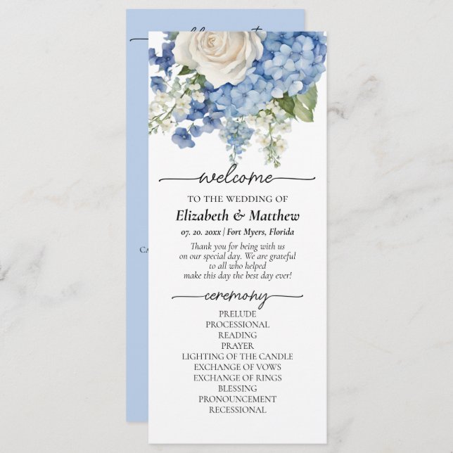 Watercolor Blue Hydrangea White Roses Wedding Program (Front/Back)