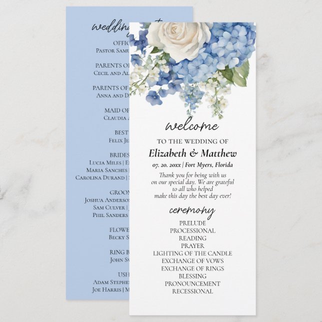 Watercolor Blue Hydrangea White Roses Wedding Program (Front/Back)