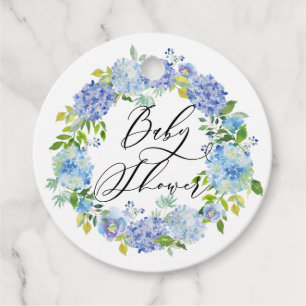 Watercolor Blue Hydrangea Wreath Baby Shower Favour Tags