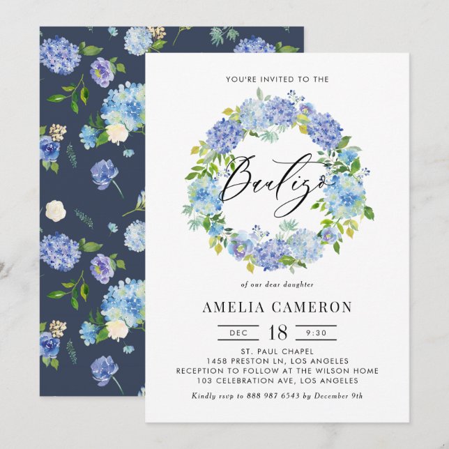Watercolor Blue Hydrangea Wreath Bautizo Invitation (Front/Back)