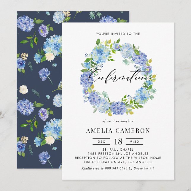 Watercolor Blue Hydrangea Wreath Confirmation Invitation (Front/Back)