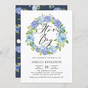 Watercolor Blue Hydrangea Wreath It's a Boy Invitation