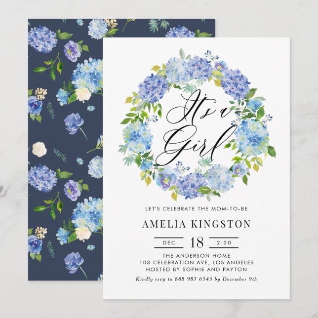 Watercolor Blue Hydrangea Wreath It's a Girl Invitation (Front/Back)