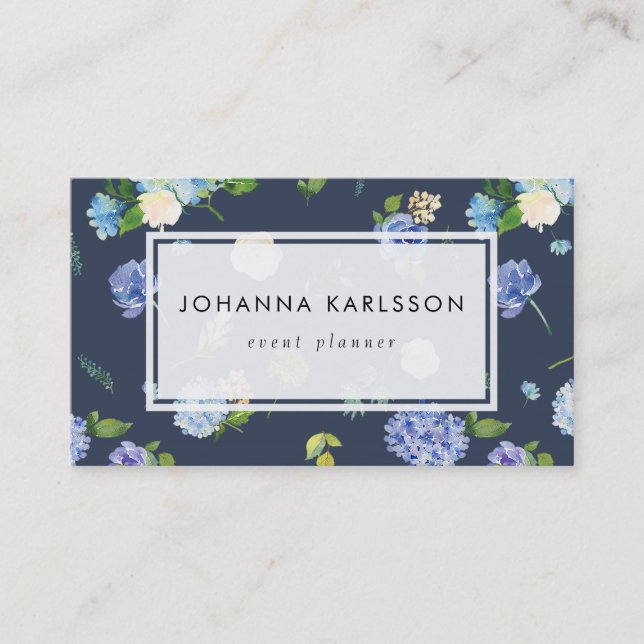 Watercolor Blue Hydrangeas and Peonies Business Card (Front)