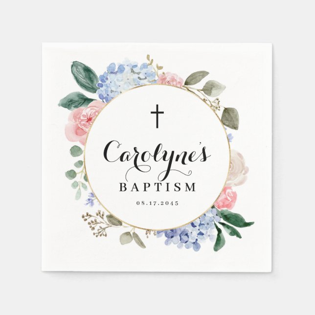 Watercolor Blue Hydrangeas and Roses Baptism Napkin (Front)