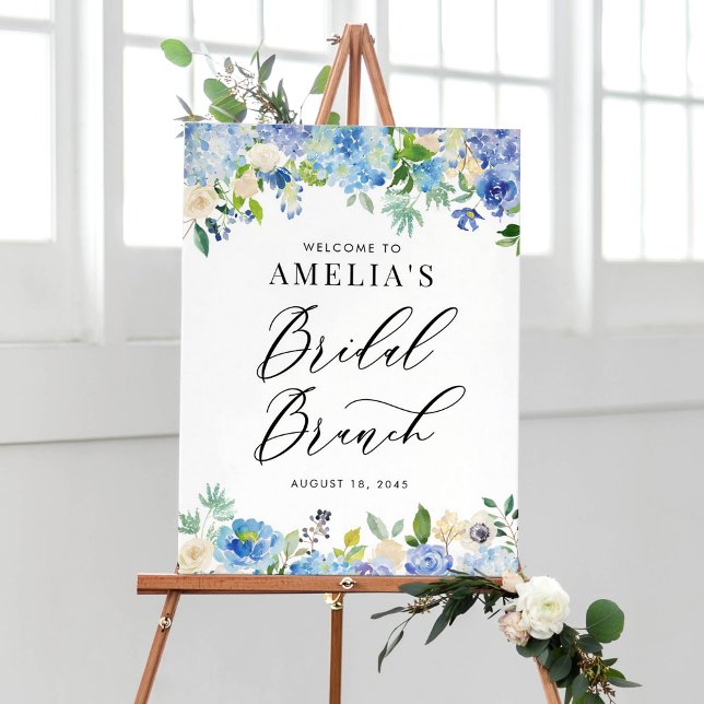 Watercolor Blue Hydrangeas Bridal Brunch Welcome Poster (Watercolor Blue Hydrangea Flowers Bridal Brunch Welcome Sign)