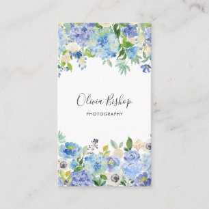 Watercolor Blue Hydrangeas Floral Vertical Business Card