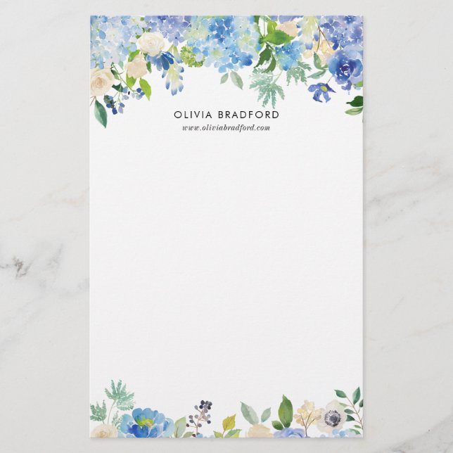 Watercolor Blue Hydrangeas Personalized Stationery (Front)