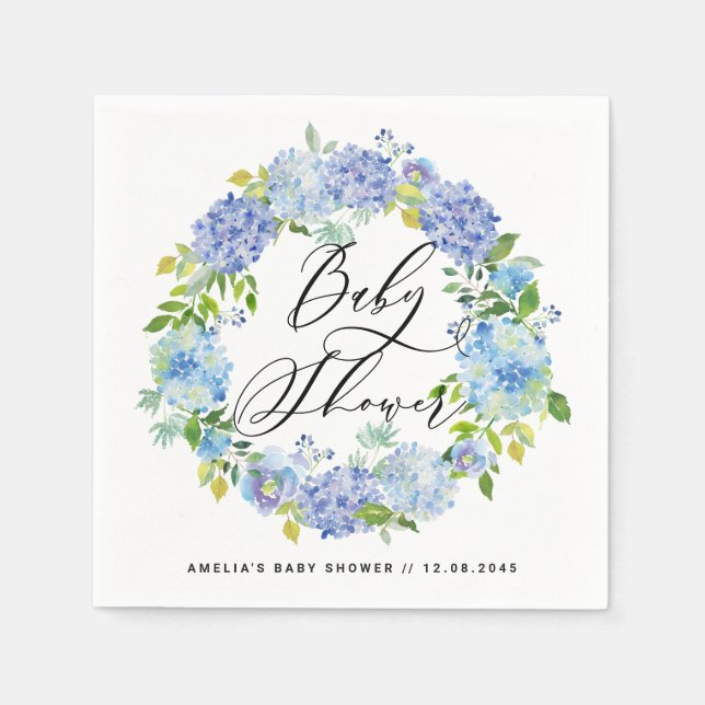 Watercolor Blue Hydrangeas Wreath Baby Shower Napkin (Front)