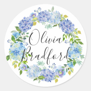Watercolor Blue Hydrangeas Wreath Personalized Classic Round Sticker