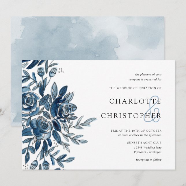 watercolor blue indigo flowers horizontal wedding invitation (Front/Back)