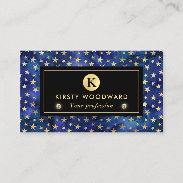 Watercolor Blue Ink Pattern with Gold Stars Business Card (Front)
