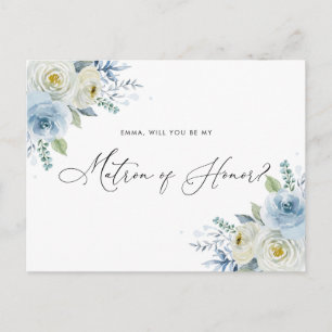 Watercolor Blue & Ivory Roses Matron of Honour Postcard