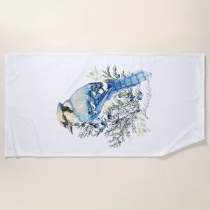 Watercolor Blue Jay Bird Blueberries Country Art Beach Towel