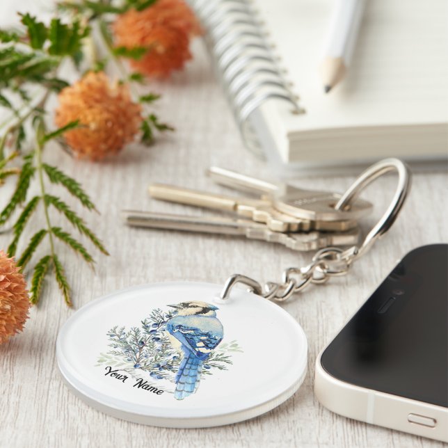 Watercolor Blue Jay Bird Blueberries Country Art Keychain (Front Right)