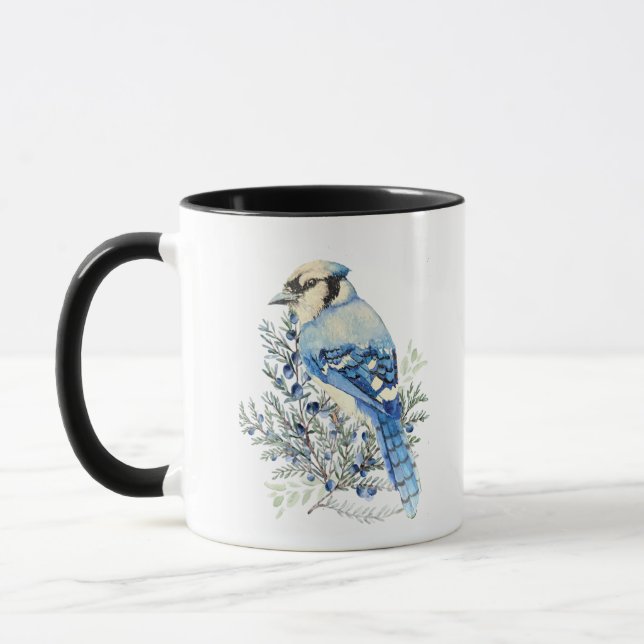 Watercolor Blue Jay Bird Blueberries Country Art Mug (Left)