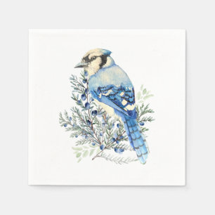 Watercolor Blue Jay Bird Blueberries Country Art Napkin