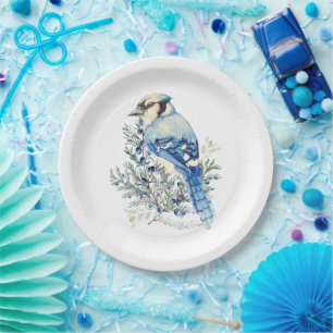 Watercolor Blue Jay Bird Blueberries Country Art Paper Plate