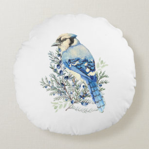 Watercolor Blue Jay Bird Blueberries Country Art Round Pillow