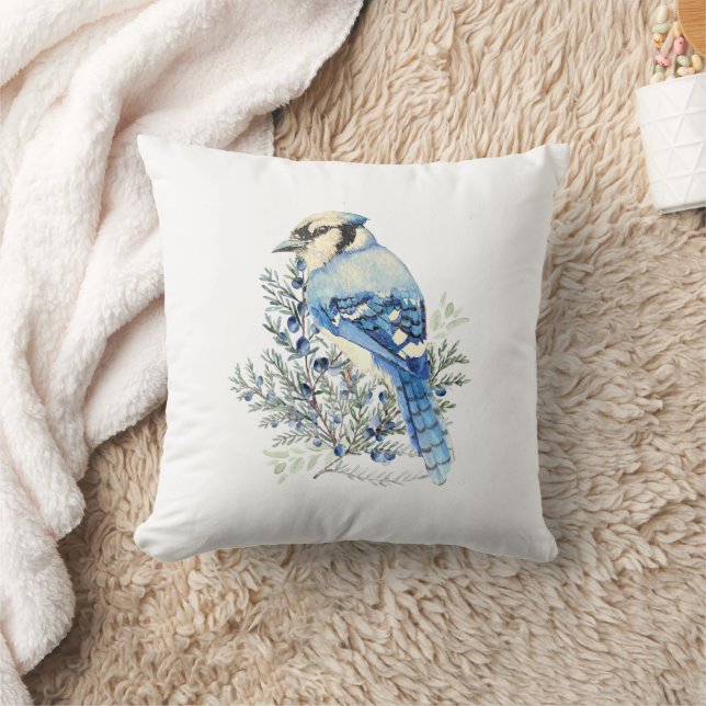 Watercolor Blue Jay Bird Blueberries Country Art Throw Pillow (Blanket)