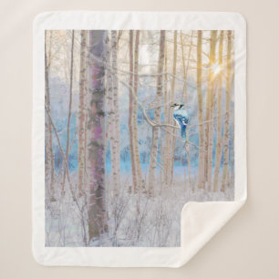 Watercolor Blue Jay Bird in Forest Nature Art Sher Sherpa Blanket