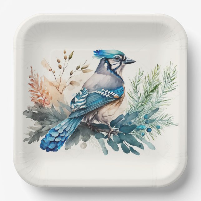 Watercolor Blue Jay Bird Paper Plate (Front)